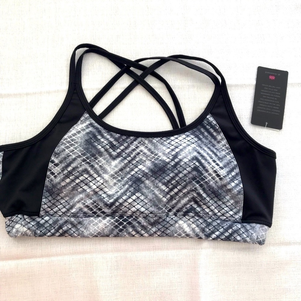 PL movement workout yoga bra Cross back NWT black gray animal print XL